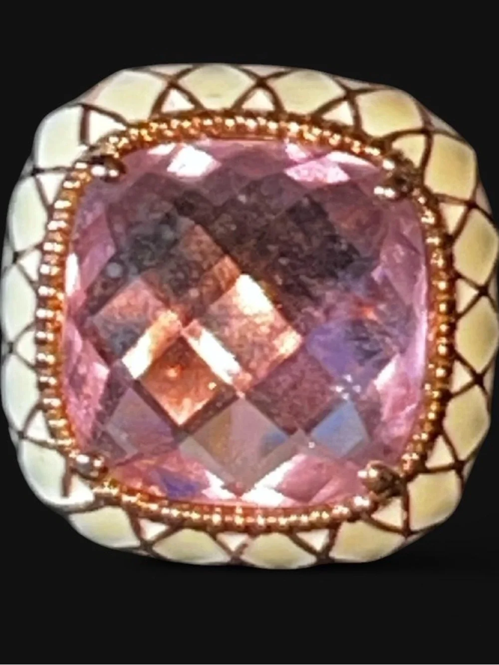 Pink Cushion-Cut Glass Cream Colored Enamel Gold Tone Ring size 8